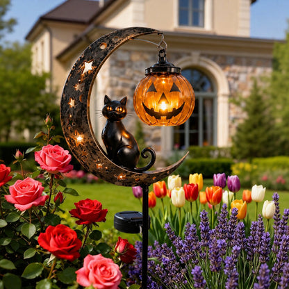 🎃Solar Halloween Black Cat & Pumpkin Moon Garden Stake Light🎃