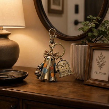Halloween Ghost Keychain, Retro Vintage BOO CREW Tombstone Charm, Antique Alloy Spooky Pendant Keyring Gift