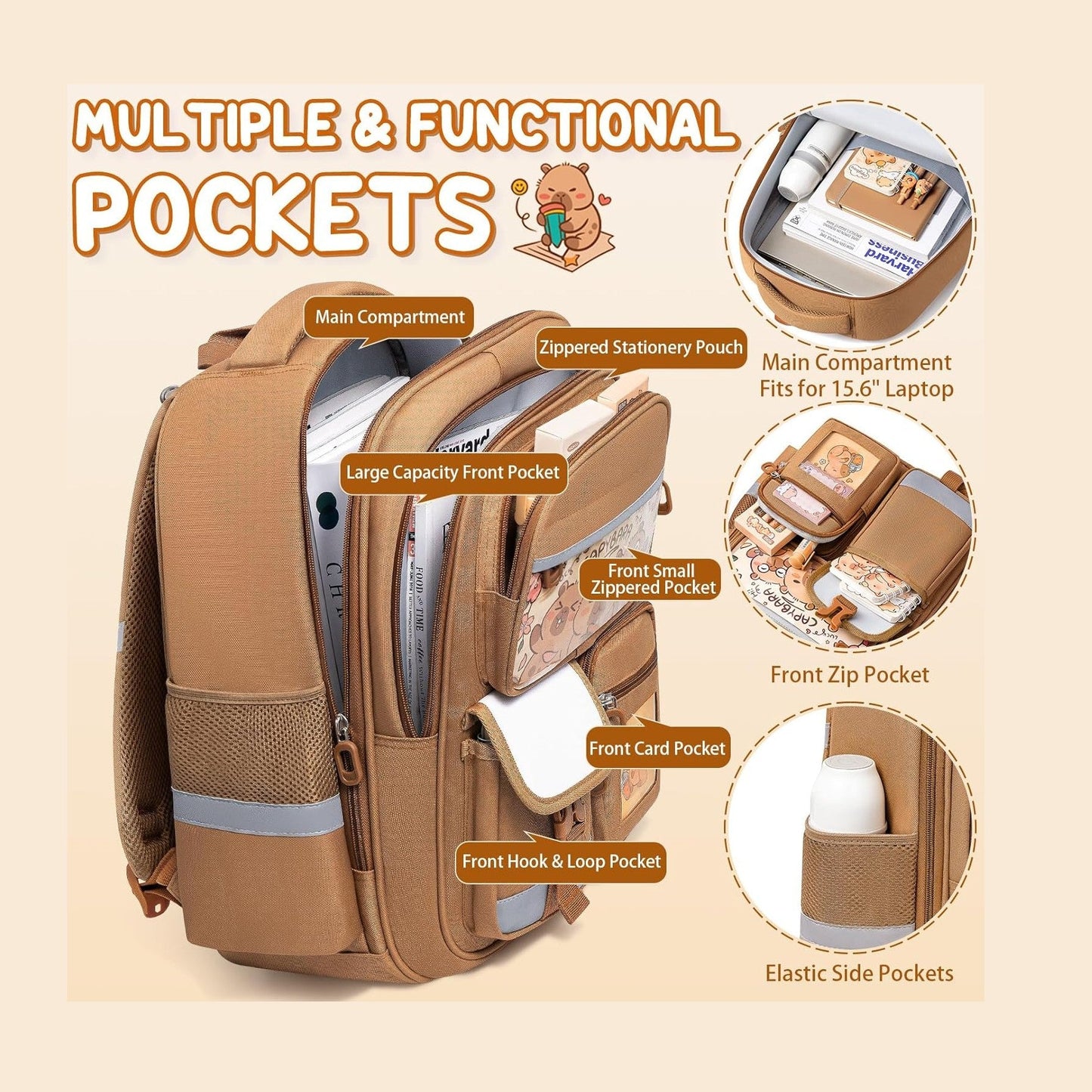 Capybara Kids Backpack with Pencil Case, Stickers & Keychain Ages 6–12