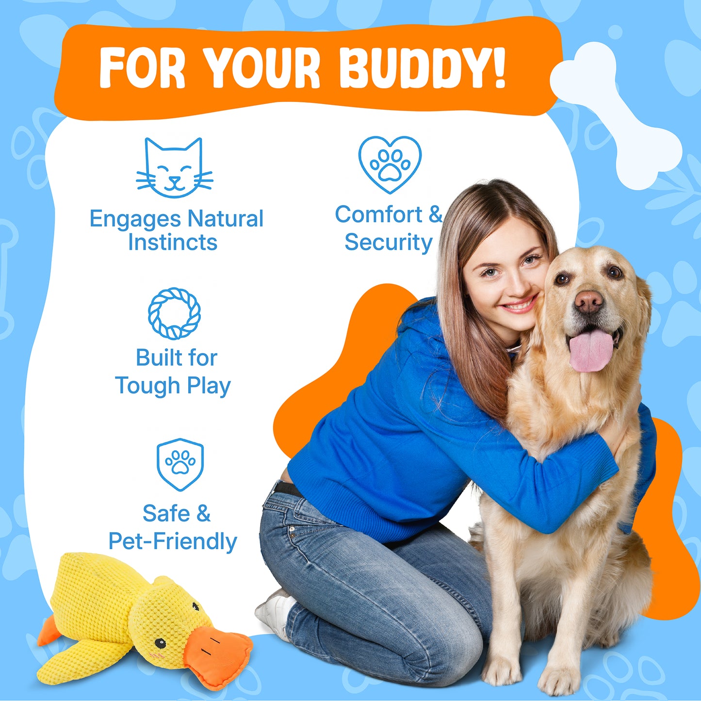 Durable Duck | The Anxiety-Relief Toy Dogs Can’t Destroy Green circle with a white check mark in the center Tire Out High-Energy Dogs, Indoo