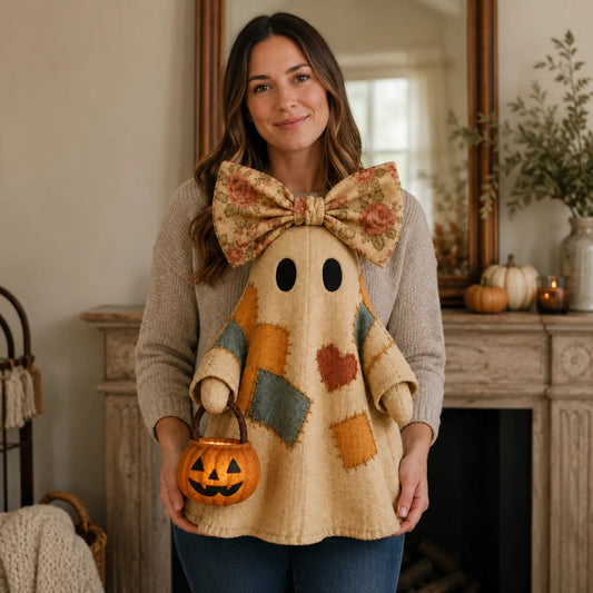 🎃✨ Lighted Vintage Patchwork Ghost – Halloween Decor with Warm Glow, Battery Operated, Farmhouse Style