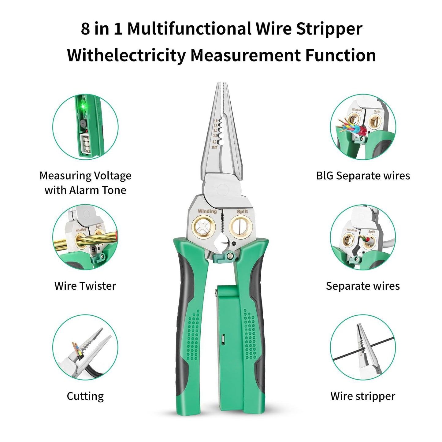 📢📢50% OFF !!  8-in-1 Stainless Steel Wire Stripping Pliers with Anti-Slip Grip, Multi-Function Wire Stripper with Test Pen, Electrician's Pliers