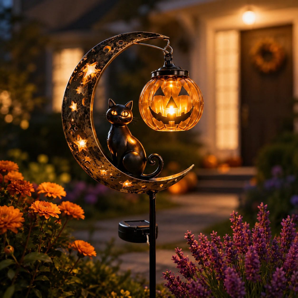 🎃Solar Halloween Black Cat & Pumpkin Moon Garden Stake Light🎃