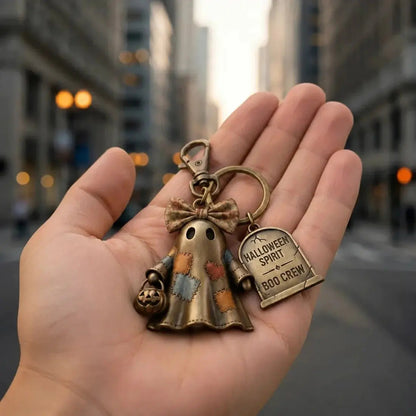 Halloween Ghost Keychain, Retro Vintage BOO CREW Tombstone Charm, Antique Alloy Spooky Pendant Keyring Gift