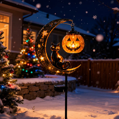 🎃Solar Halloween Black Cat & Pumpkin Moon Garden Stake Light🎃