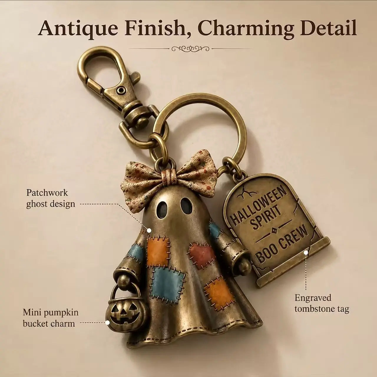 Halloween Ghost Keychain, Retro Vintage BOO CREW Tombstone Charm, Antique Alloy Spooky Pendant Keyring Gift