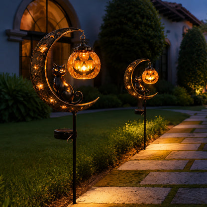 🎃Solar Halloween Black Cat & Pumpkin Moon Garden Stake Light🎃
