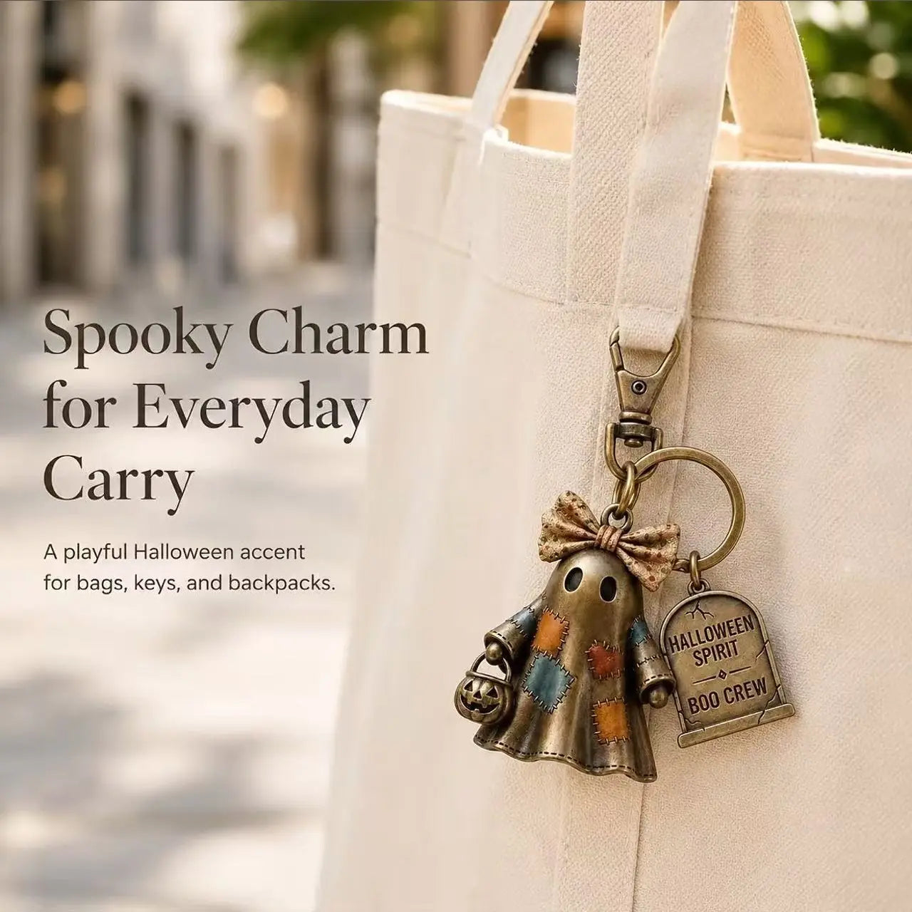Halloween Ghost Keychain, Retro Vintage BOO CREW Tombstone Charm, Antique Alloy Spooky Pendant Keyring Gift