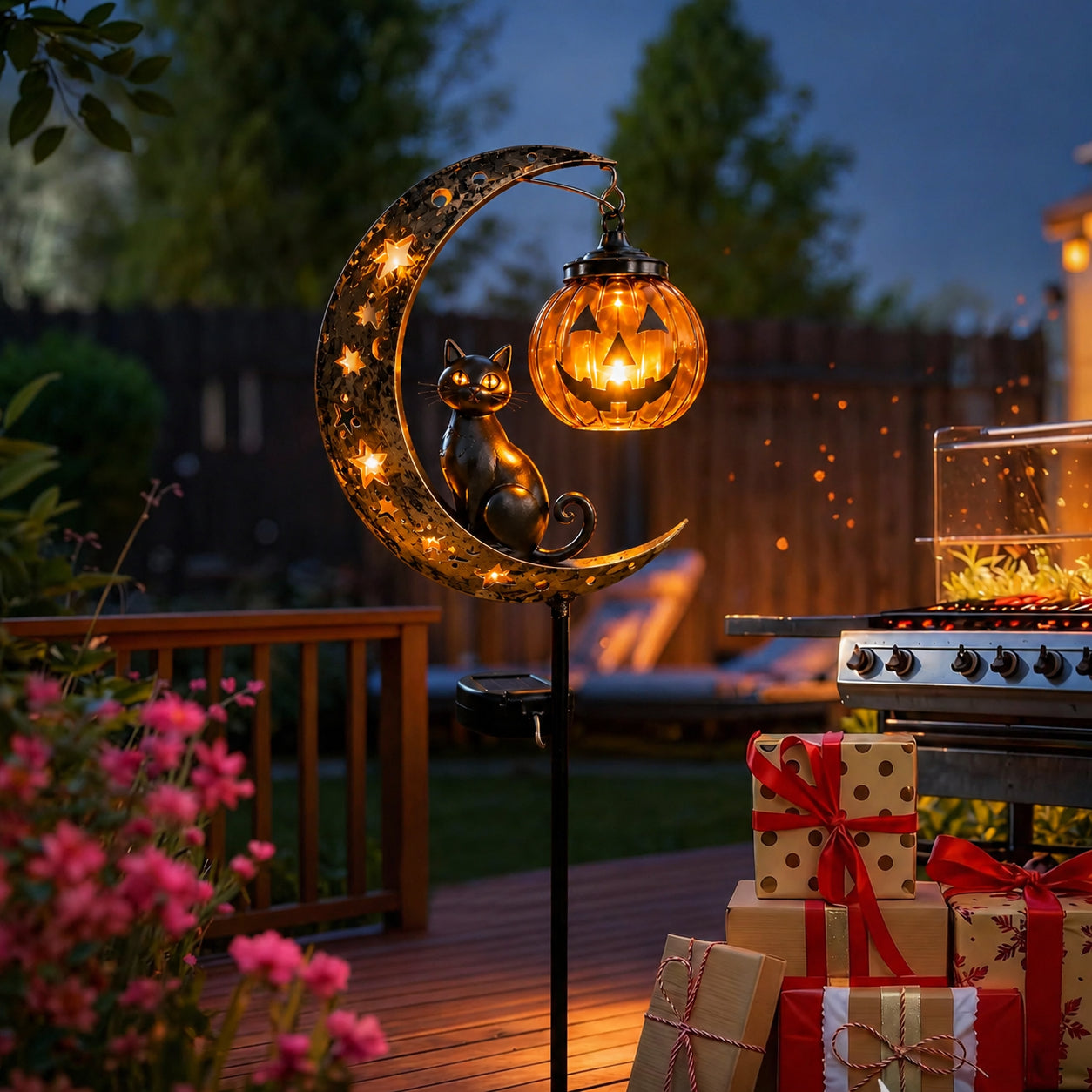 🎃Solar Halloween Black Cat & Pumpkin Moon Garden Stake Light🎃