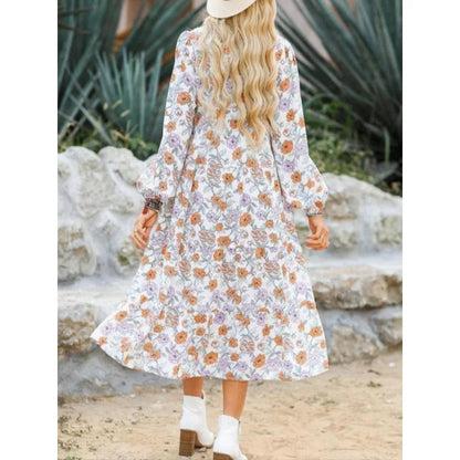 Boho Floral Midi Dress – Smocked Waist, Bishop Sleeves & Tiered Swing Skirt
