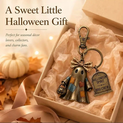 Halloween Ghost Keychain, Retro Vintage BOO CREW Tombstone Charm, Antique Alloy Spooky Pendant Keyring Gift