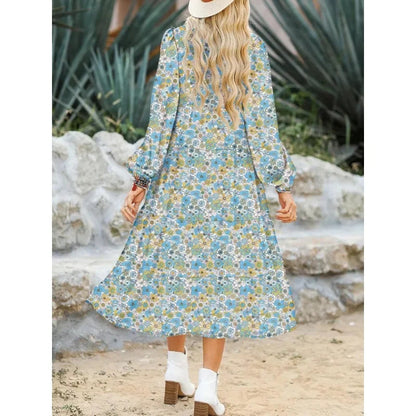 Boho Floral Midi Dress – Smocked Waist, Bishop Sleeves & Tiered Swing Skirt