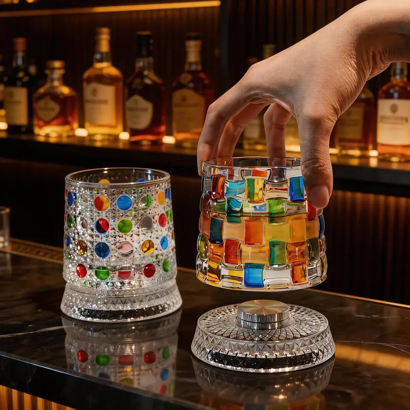 🌈Hand-Painted Embossed Rotating Whiskey Glass (✨Including a Rotating Base)
