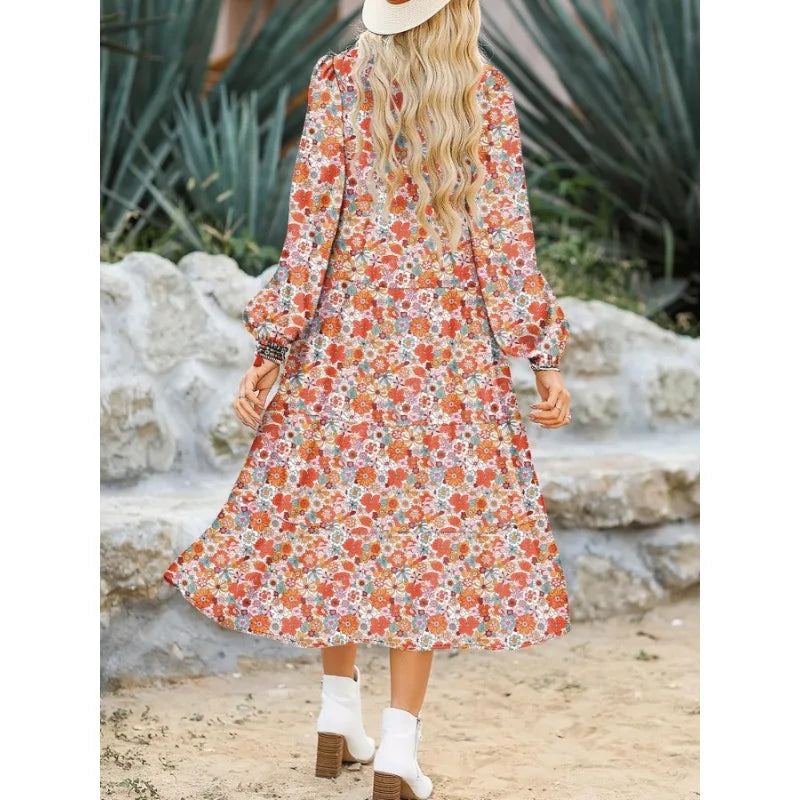 Boho Floral Midi Dress – Smocked Waist, Bishop Sleeves & Tiered Swing Skirt