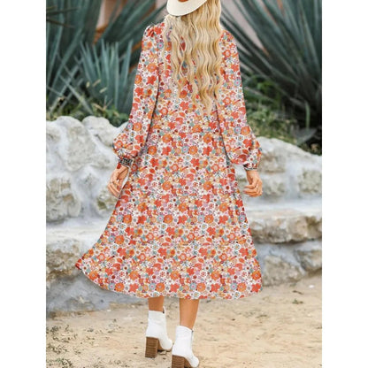 Boho Floral Midi Dress – Smocked Waist, Bishop Sleeves & Tiered Swing Skirt