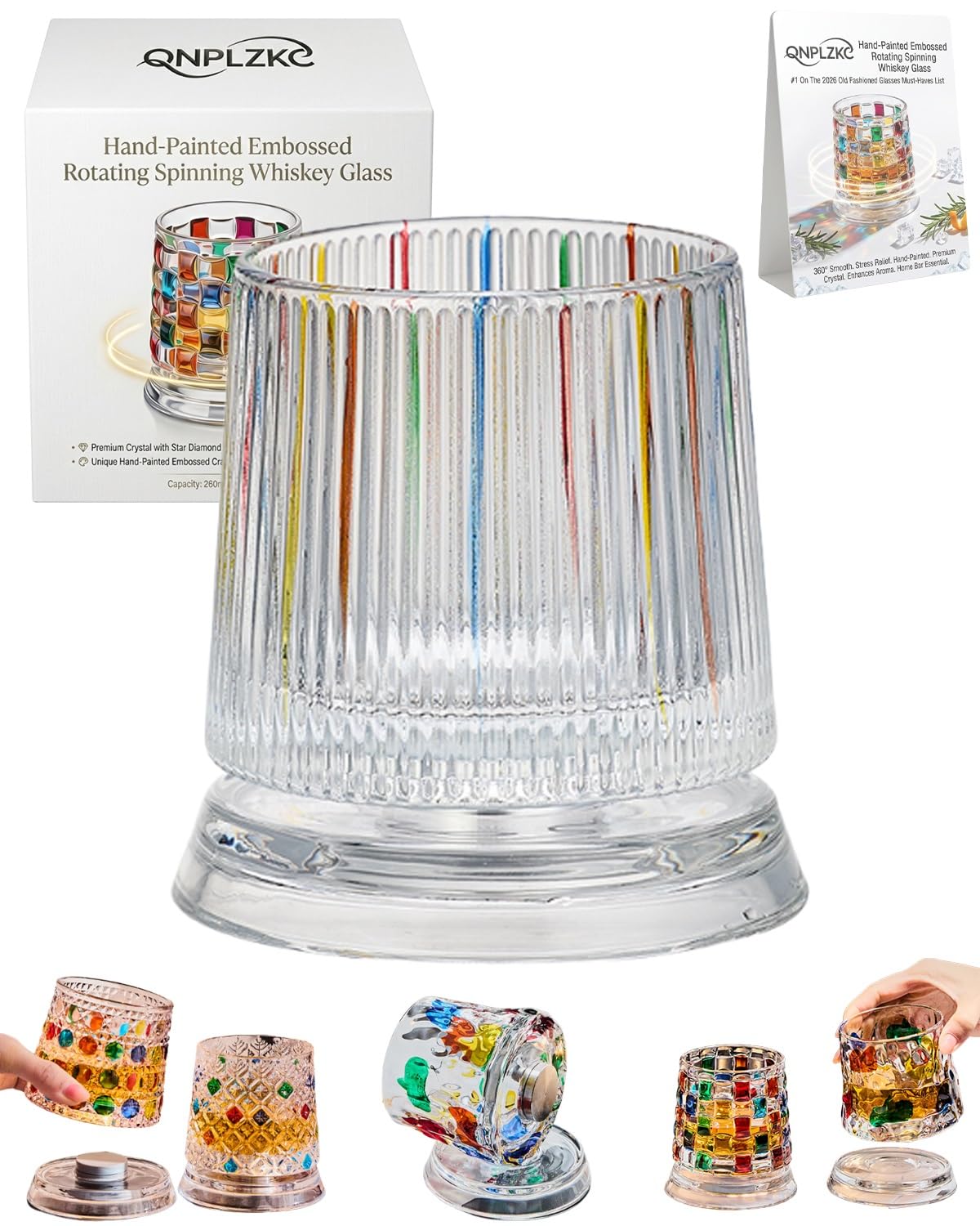 🌈Hand-Painted Embossed Rotating Whiskey Glass (✨Including a Rotating Base)