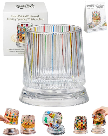 🌈Hand-Painted Embossed Rotating Whiskey Glass (✨Including a Rotating Base)