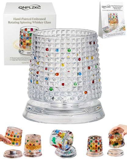 🌈Hand-Painted Embossed Rotating Whiskey Glass (✨Including a Rotating Base)