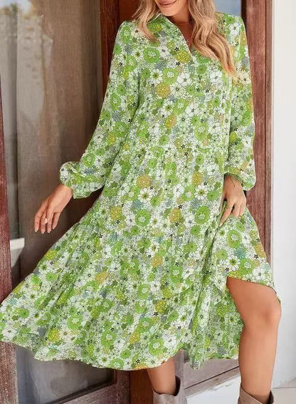 Boho Floral Midi Dress – Smocked Waist, Bishop Sleeves & Tiered Swing Skirt