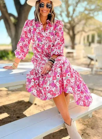 Boho Floral Midi Dress – Smocked Waist, Bishop Sleeves & Tiered Swing Skirt