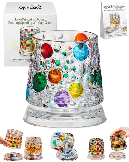 🌈Hand-Painted Embossed Rotating Whiskey Glass (✨Including a Rotating Base)