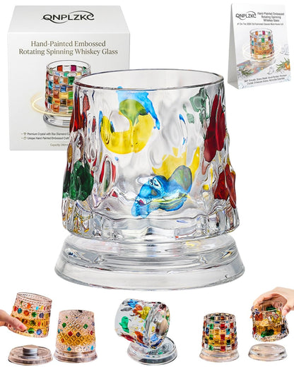 🌈Hand-Painted Embossed Rotating Whiskey Glass (✨Including a Rotating Base)