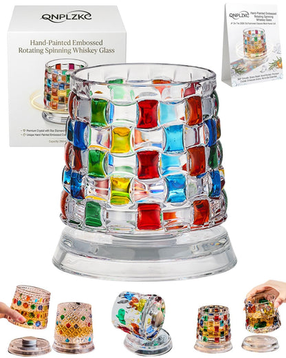 🌈Hand-Painted Embossed Rotating Whiskey Glass (✨Including a Rotating Base)