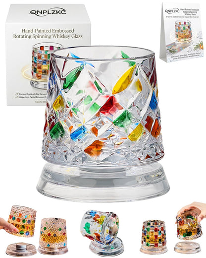🌈Hand-Painted Embossed Rotating Whiskey Glass (✨Including a Rotating Base)