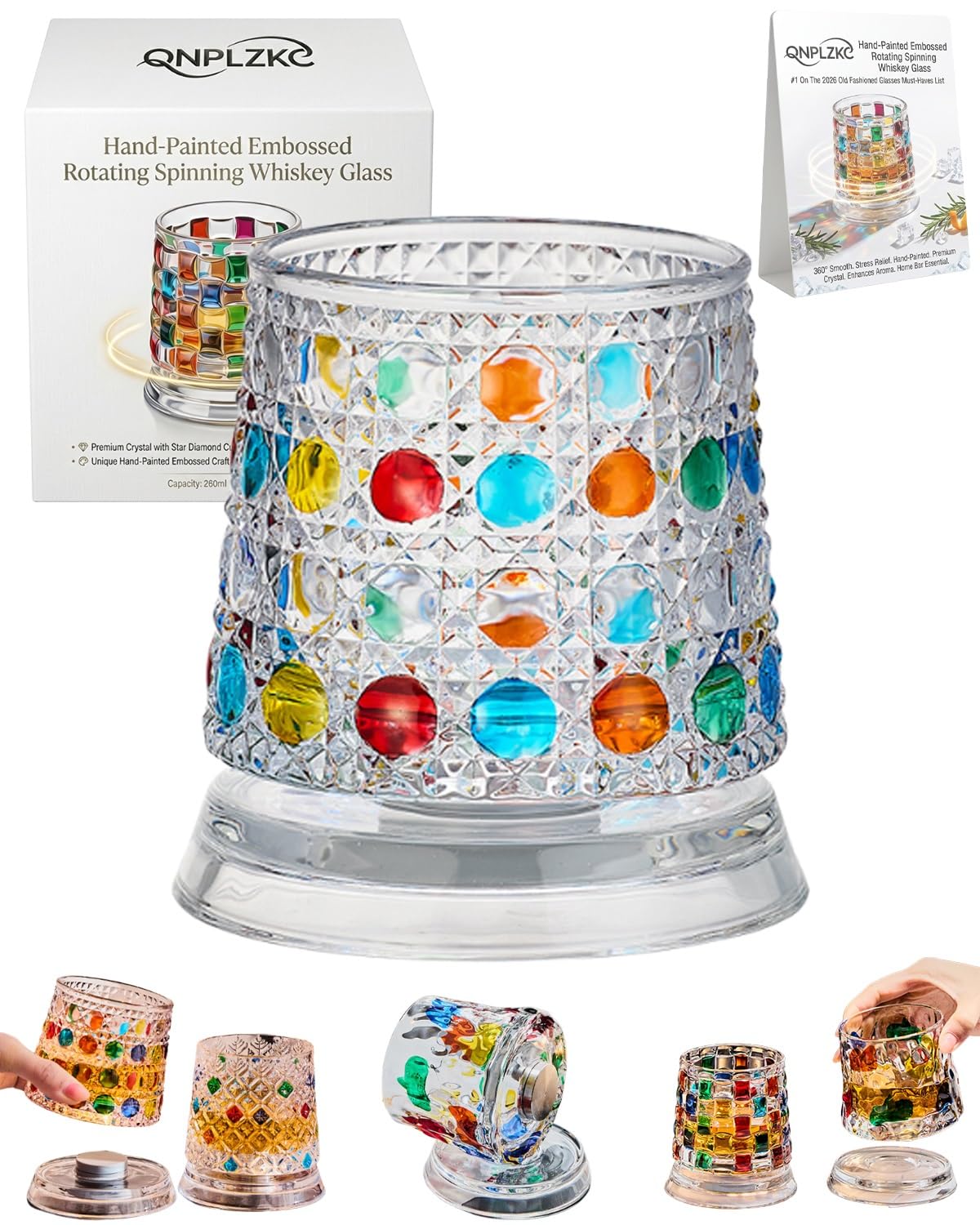 🌈Hand-Painted Embossed Rotating Whiskey Glass (✨Including a Rotating Base)