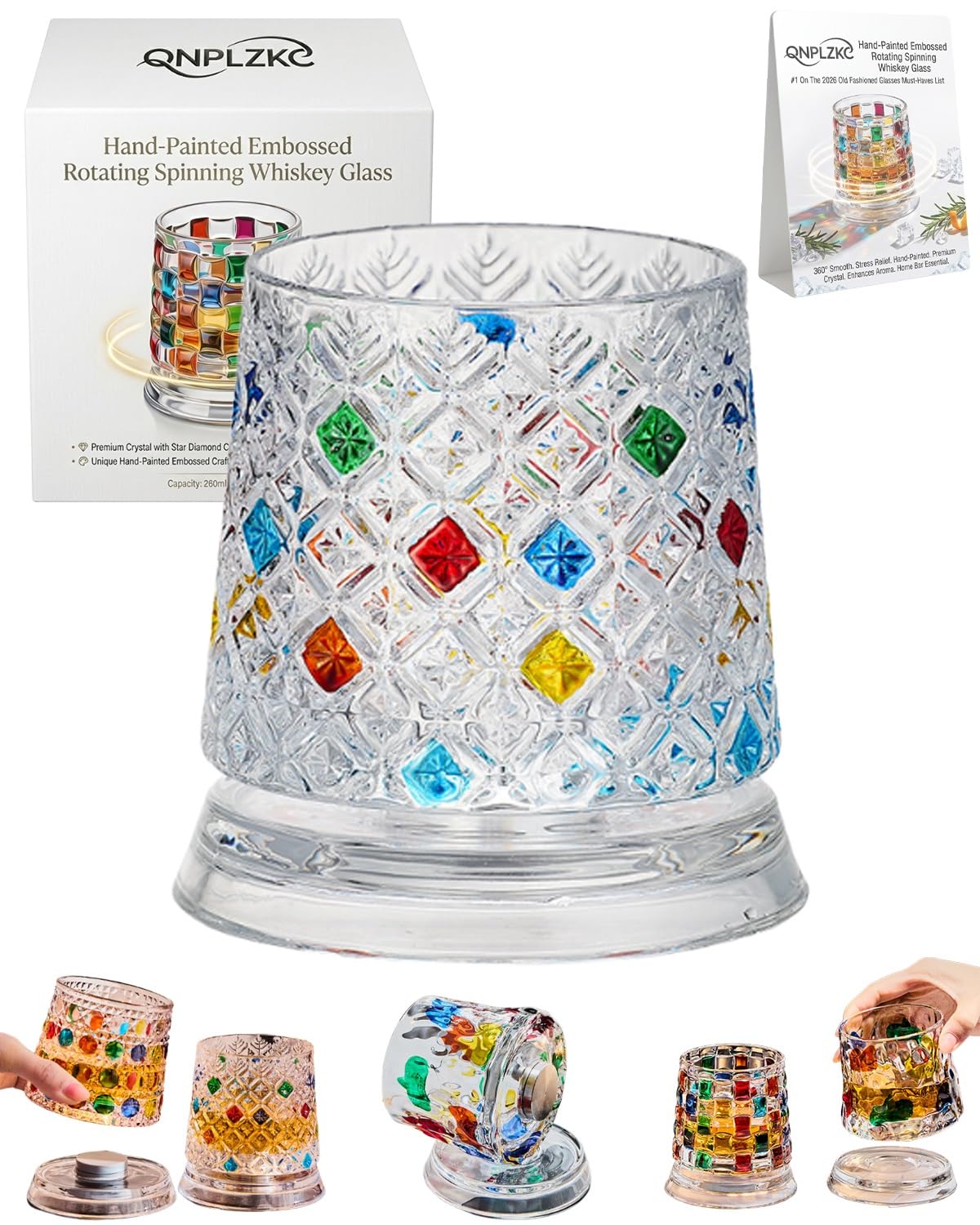 🌈Hand-Painted Embossed Rotating Whiskey Glass (✨Including a Rotating Base)