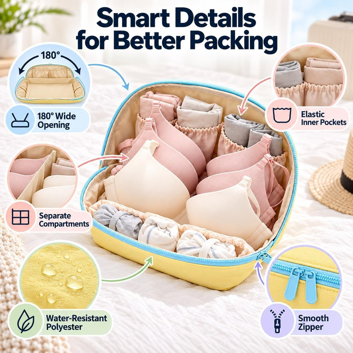 Primt 3 in 1 Travel Underwear Organizer Lingerie Bag Bra Panties Socks Storage