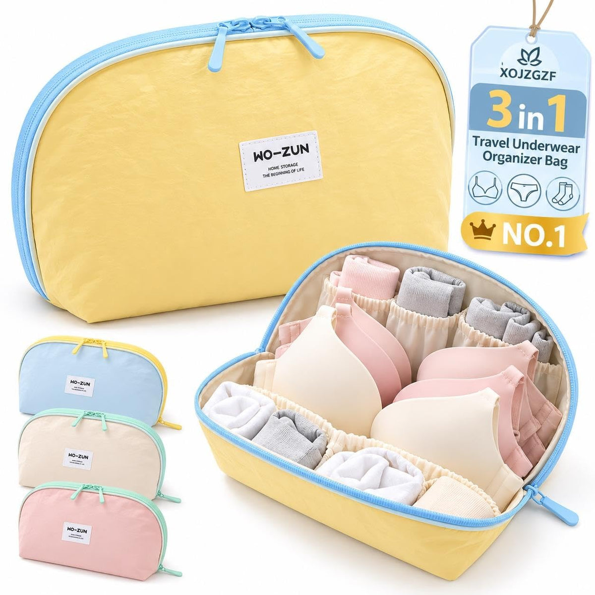 Primt 3 in 1 Travel Underwear Organizer Lingerie Bag Bra Panties Socks Storage