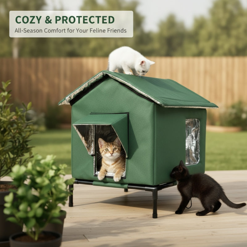 ⏰ LIMITED TIME 50% OFF! 🐈 All-Weather Elevated Outdoor Cat House – Waterproof Oxford Cloth, Thermal Aluminum Lining & Foldable Design 🌧️